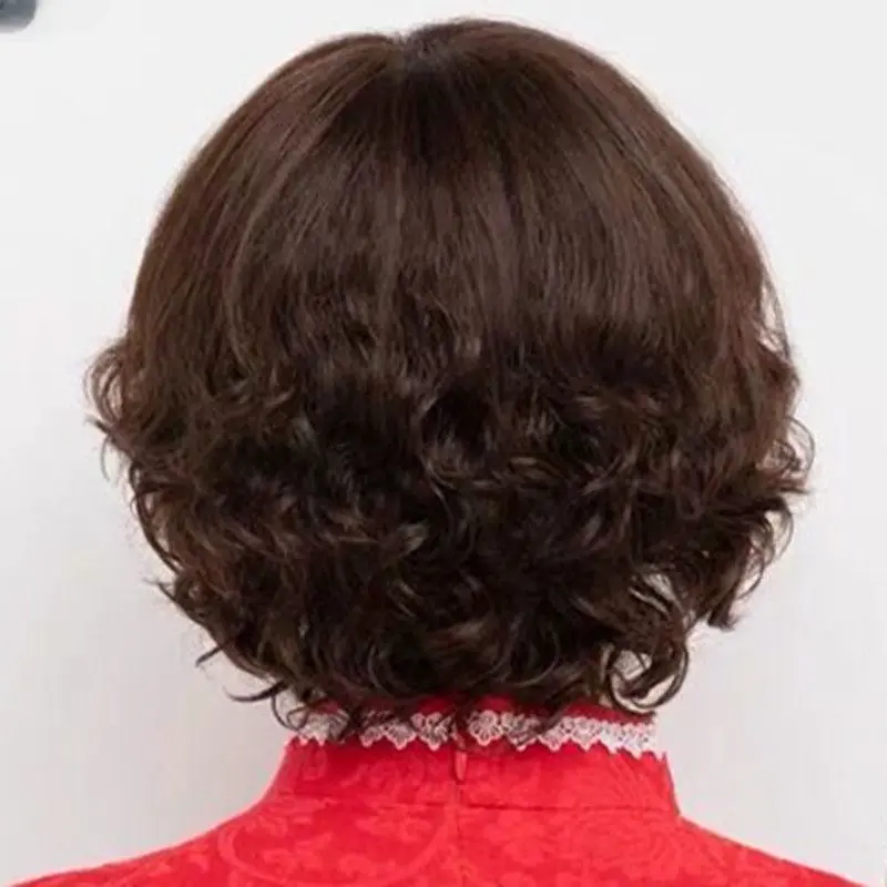 Wig Woman Short Curly Hair Moer Style Temperament Oblique Bangs Middle-aged and Elderly Full Wig Hood