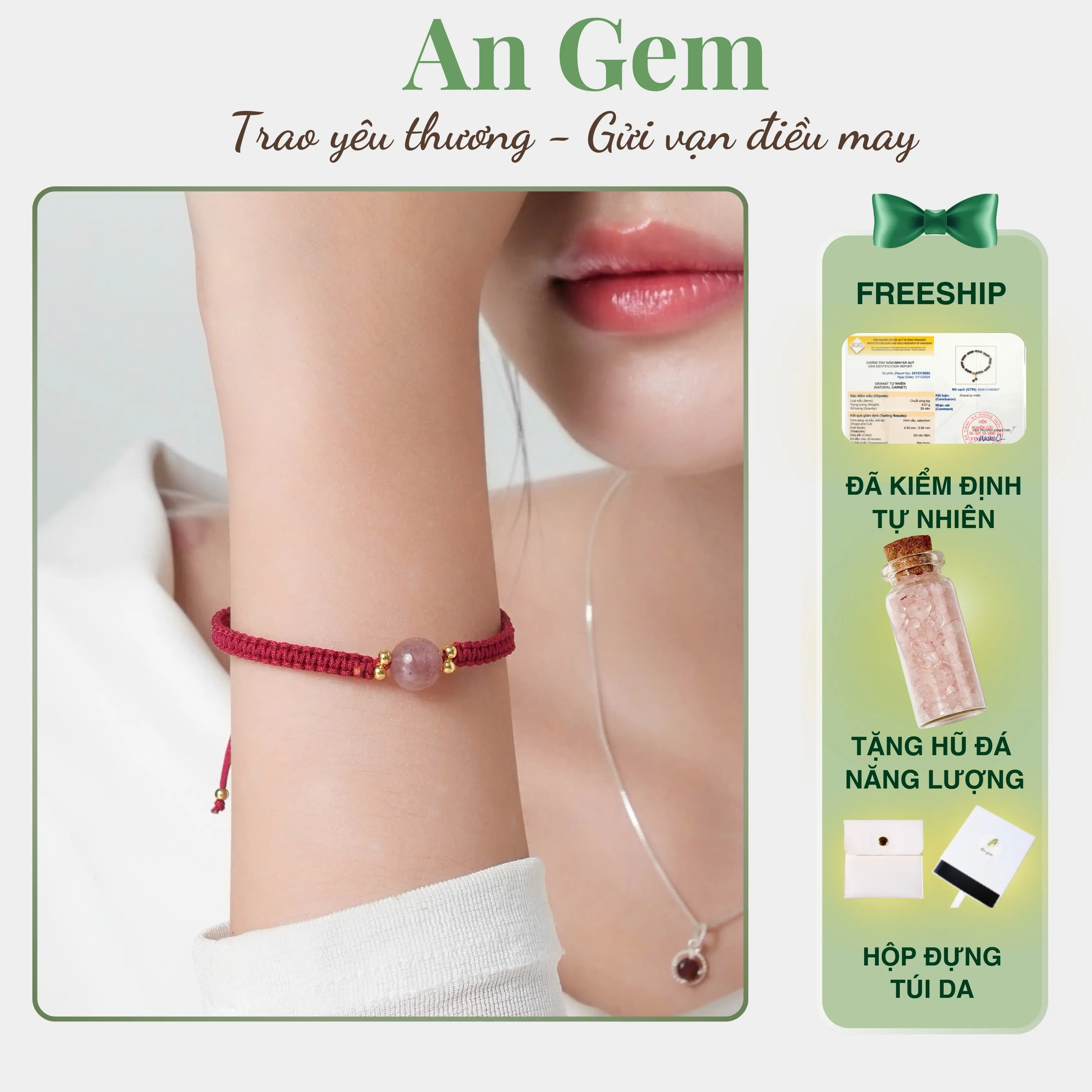 Vòng tay tết dây mix hạt đá An Gem vòng đá tết dây một hạt phong cách tối giản phụ kiện đeo tay nữ quà tặng sinh nhật giáng sinh Noel Tết Valentine[TẶNG HŨ ĐÁ NĂNG LƯỢNG]