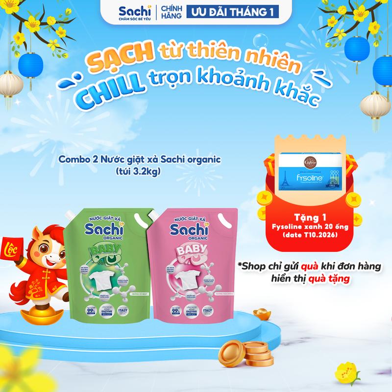 Combo 2 nước giặt xả Sachi organic cho bé túi dung tích 3,2 lít giúp làm sạch chất bẩn giữ màu sợi vải