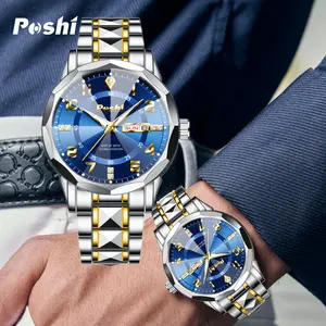 (002 Harga Telah Diganti, Cepat Beli) Jam Tangan Pria POSHI Kuarsa Olahraga Fashion Bisnis Santai - Stainless Steel Tahan Air dengan Tampilan Tanggal & Hari - Watches