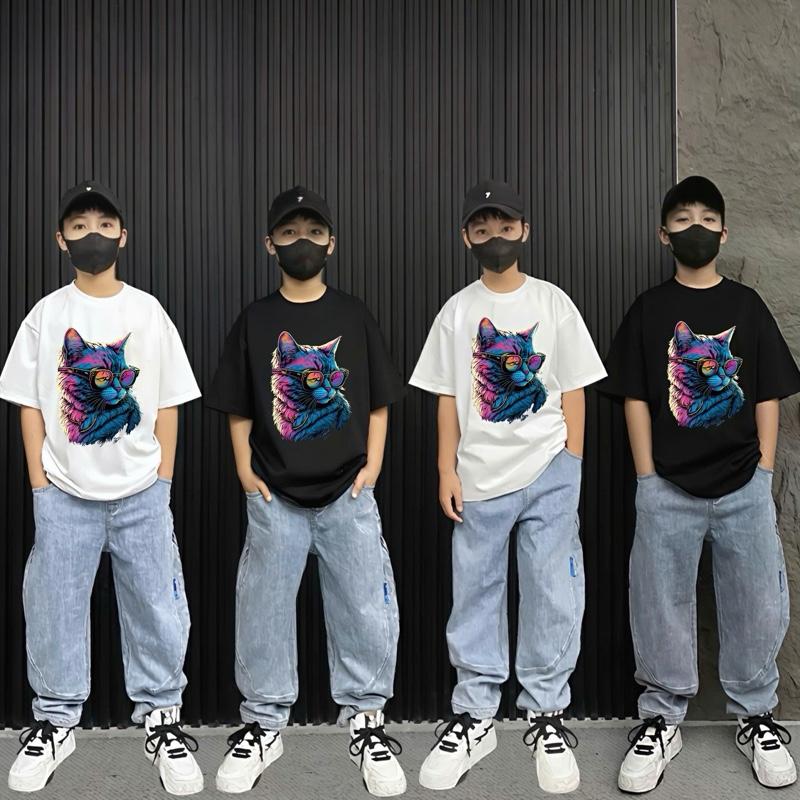 Áo thun trẻ em hình mèo cá tính vải cotton ngắn tay cho bé từ 12-33kg Hà Minh Kids atmeo1