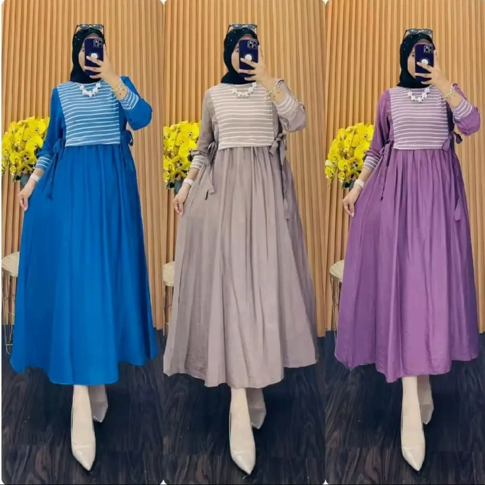 Aleena MIDI dress terbaru model kekinian, MIDI dress kombinasi motif salur Crinkle gaun