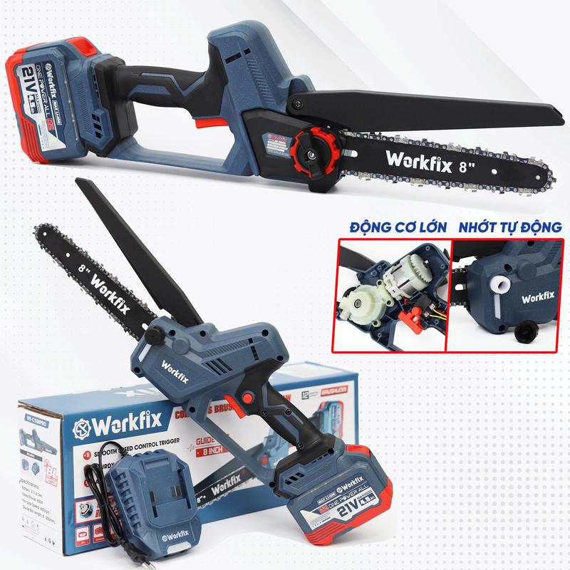   Mẫu Mới  Máy Cưa Pin 8 Inch Workfix Cầm Tay - WF-CX08PRO - Tốc Độ Cưa 6m s - Không Chổi Than Cao Cấp - Chân Pin Phổ Thông 1 Pin 15 Cell 21V 4.5Ah - Bảo Hành Chính Hãng 6 Tháng 