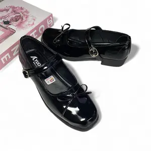 YUOMI Sepatu Pantofel Wanita Paskibra Hitam Glossy Gesper Hak 3cm