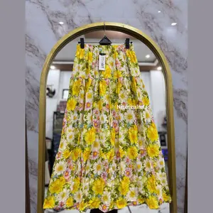 NZ - Rok Motif Bunga Rempel Skirt Floral Gardenia Rayon Viscose Rok Wanita Elegan Nyaman Panjang 90cm Lebar Pinggang 66-110cm Cocok Sehari-hari Cantik Bahan Rayon Visoko