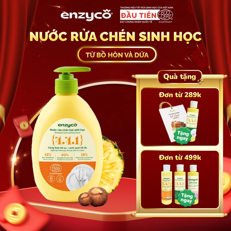  Nước rửa chén bát sinh học ENZYCO đạt Chứng nhận ECODETERGENT-ECOCERT từ Bồ Hòn và Dứa -  Khử mùi tanh sạch dầu mỡ an toàn cho da nhạy cảm - Hương thơm từ Tinh Dầu Gừng Tinh dầu Cam Tự Nhiên 465ml - Cùng Enzyco Dọn Nhà An Toàn - Đón Tết An Lành 