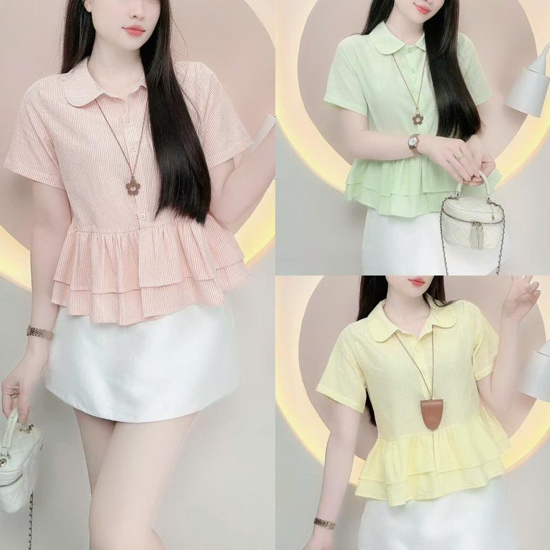 Áo sơ mi nữ babydoll 2 tầng bèo cổ sen tay ngắn trẻ trung LAMO - B1455