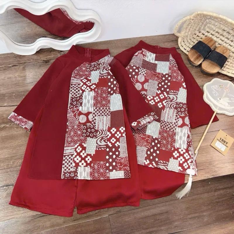 Áo dài tết 2026 phối họa tiết bé trai bé gái – Mặc lễ Tết – Lên dáng chuẩn – Chất nhung chéo cho bé từ 8-30kg