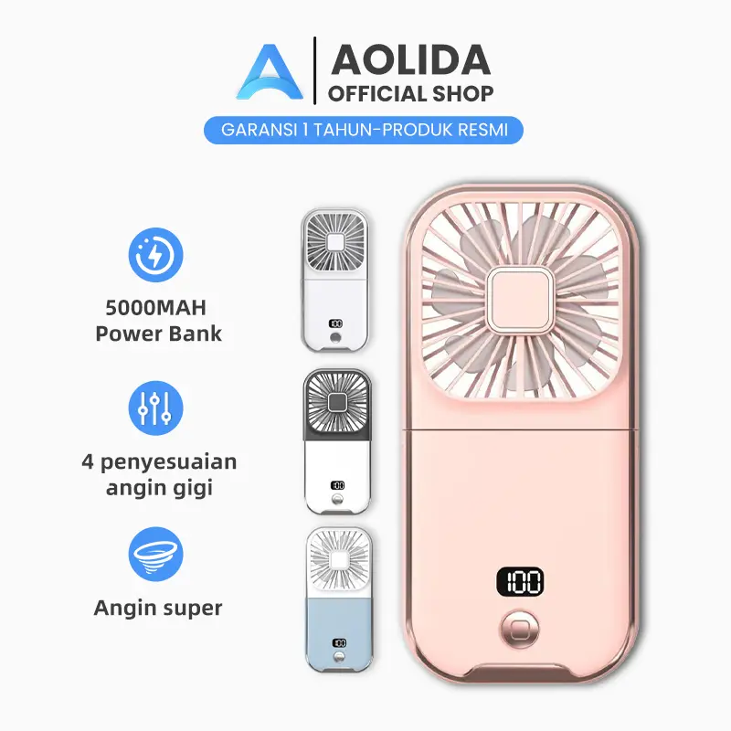Aolida Kipas Angin Portable Mini Type-C USB LED Menunjukkan Lipat Dudukan Ponsel Dan Powerbank 5000mAh Baterai Tahan Lama  Cocok Untuk Kantor Sekolah Olahraga Luar Ruangan