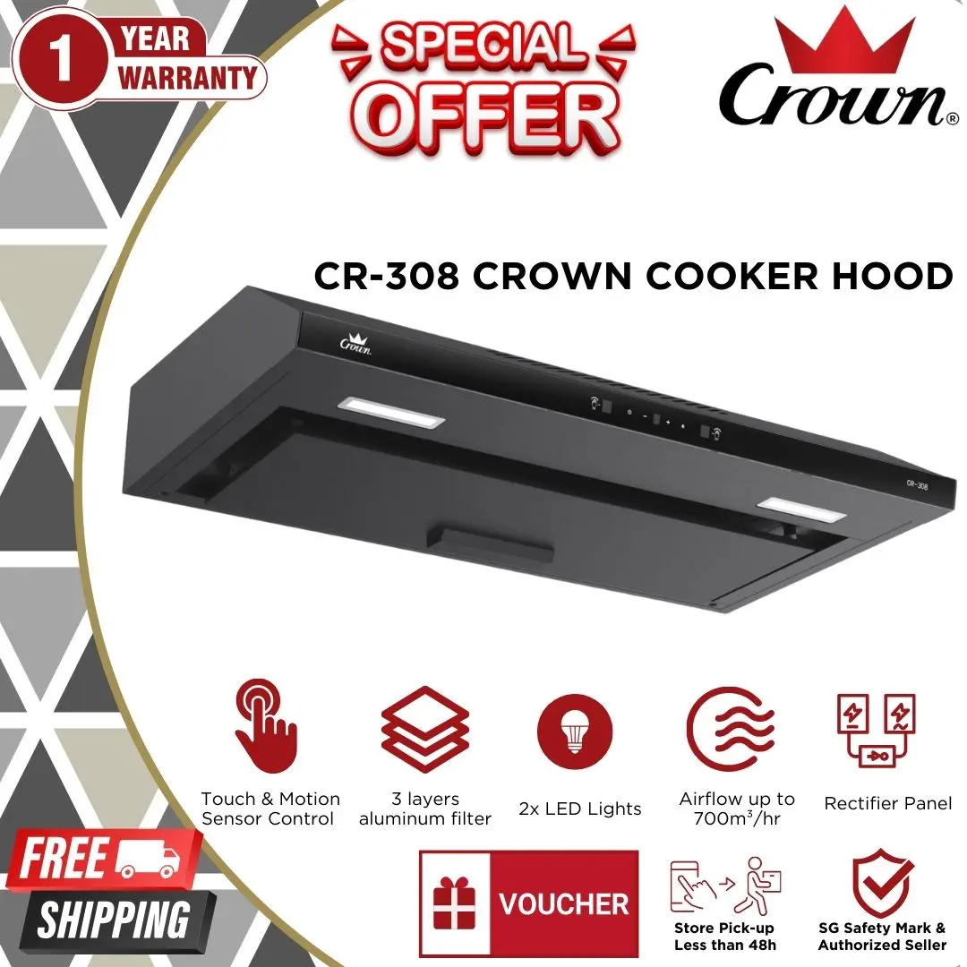 CR-308 Crown Slim Cooker Hood with Stainless Steel Suitable for HDB BTO/New Home