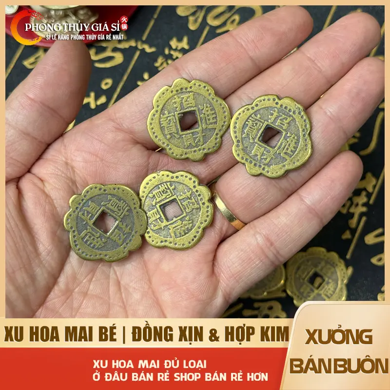 Đồng xu hoa mai nhỏ 3cm bằng đồng vật phẩm chiêu tài phong thuỷ tài lộc