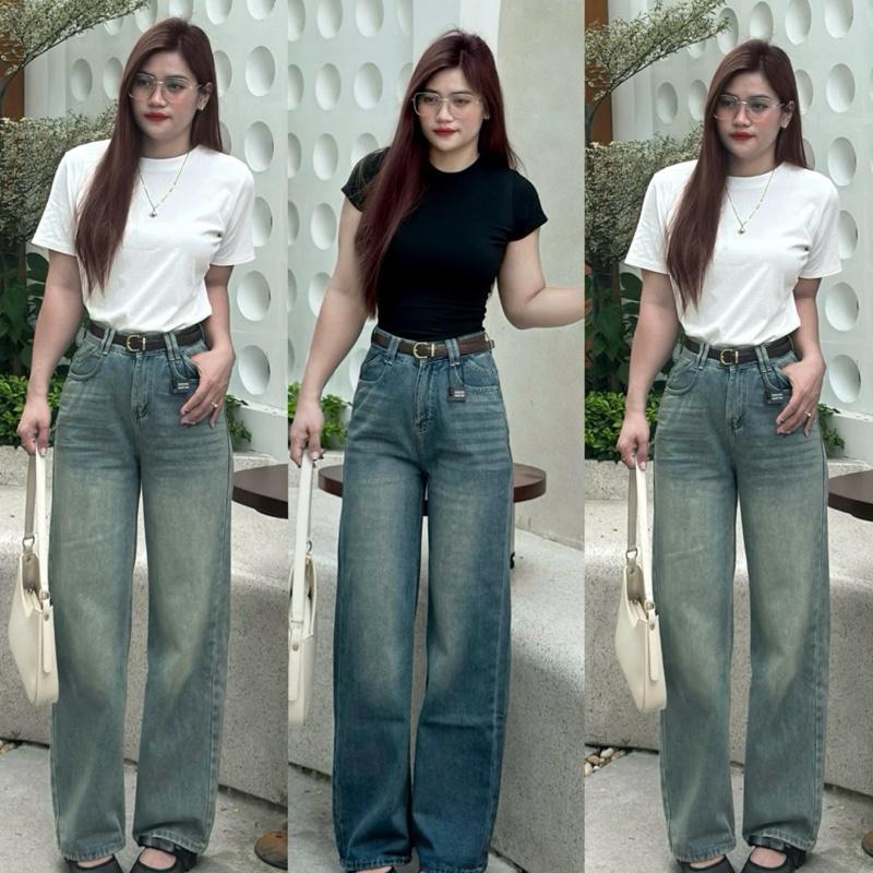   S-2Xl  HHCHOU Quần Jeans Suông Trơn Phối Túi Kiểu 2 màu đậm nhạt H115 
