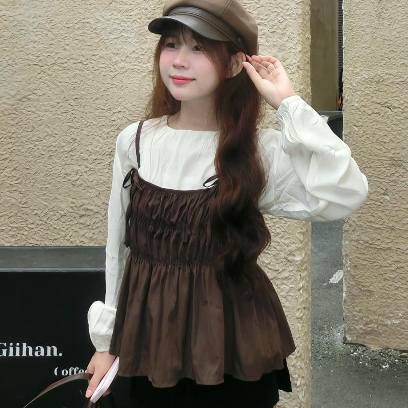 Set áo yếm 2 dây gió sần nhún li buộc nơ set áo sơ mi voan tơ dài tay Salavi N1 164