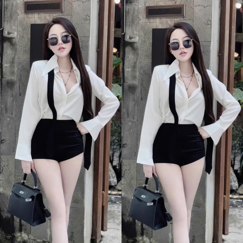 Set bộ nữ áo sơmi trắng dài tay (kèm dây nơ cavat) mix quần đùi poli xinh xắn dành cho nàng đi chơi,đi dạo