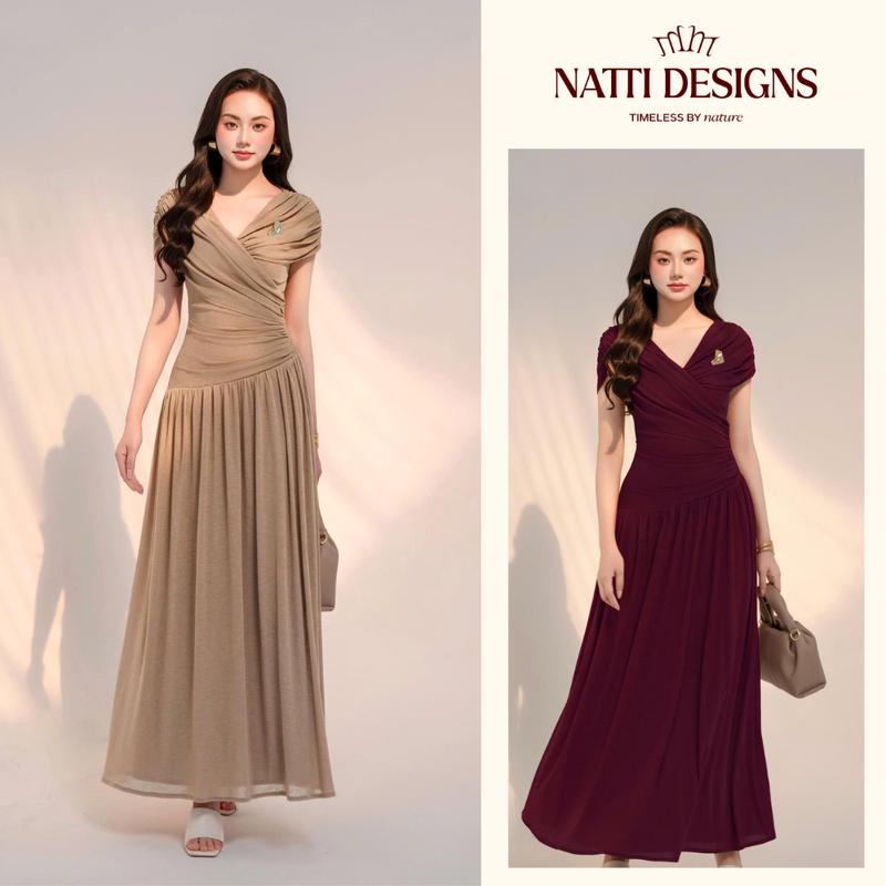 Váy Dài Nữ NATTI DESIGNS NVT014VD0426 Cổ Đổ Xếp Ly Thun Tằm Co Giãn Thanh Lịch Sang Trọng