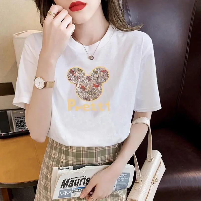 T-Shirt Wanita Model Terbaru Korean Style dengan Lengan Pendek COD Mickey Casual Aesthetic Soft Mini Baju Atasan Motif Hitam Kaos Simple Basic Tee Top Vintage Putih Polos 5