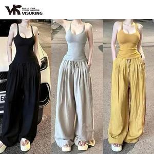 VISUKING Bộ Đồ Nữ Áo Kiểu Dây Cổ Quần Rộng Ống Đứng Eo Cao Phong Cách Thời Trang Đơn Giản