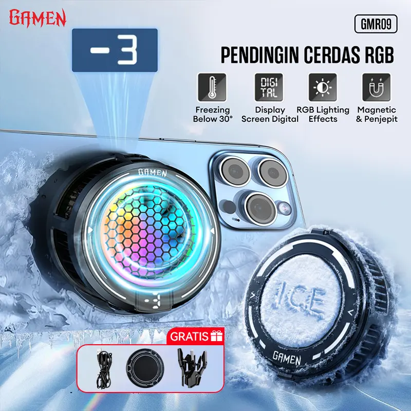 [LIVE EXCLUSIVE fabymarcelia] GAMEN GMR09 Fan Cooler Hp Gaming Magnetic RGB Dengan Klip Penjepit Dan Heatsink Magnetic Original - Garansi 1 Tahun