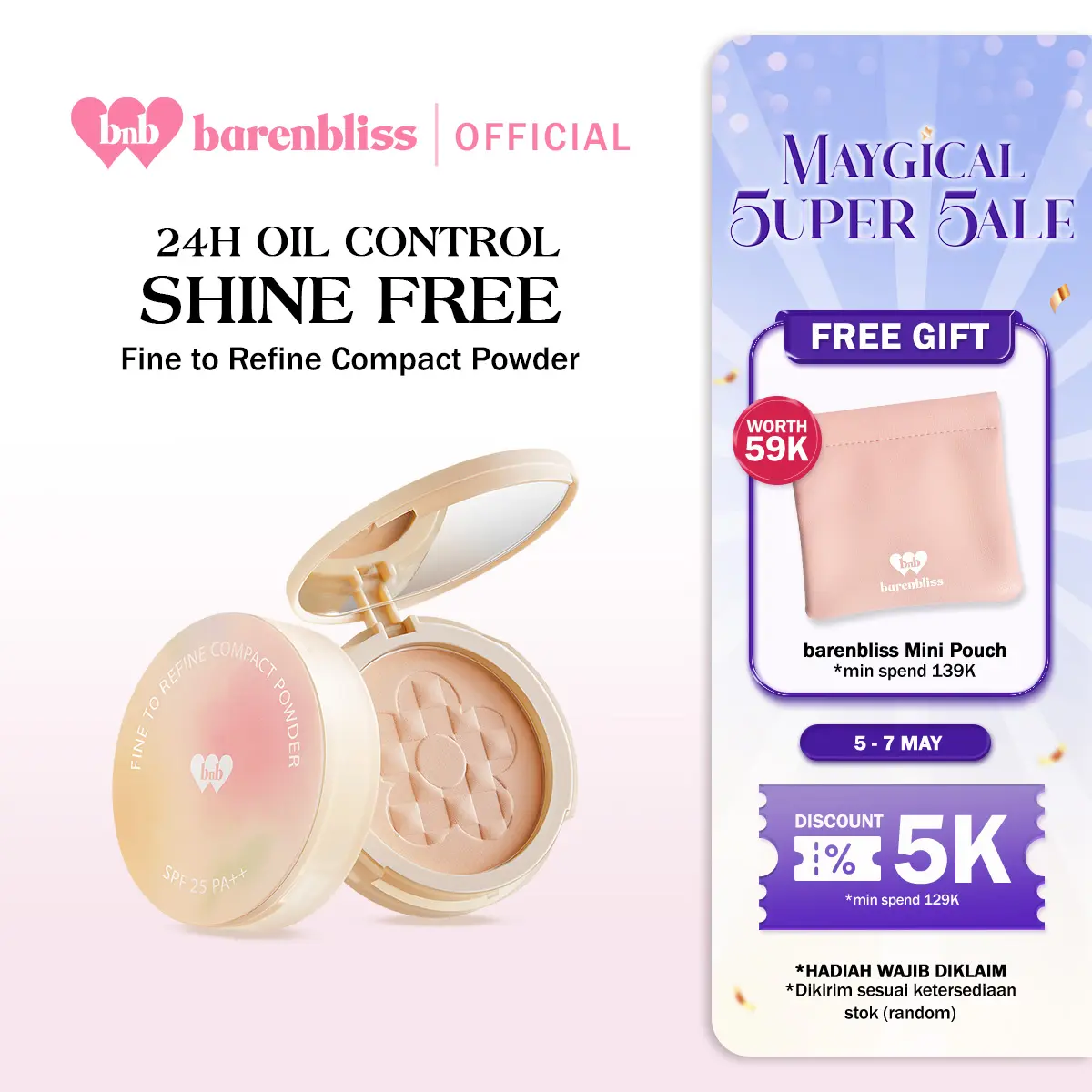【BEST SELLING】BNB barenbliss Korean Bloomatte Fine to Refine Compact Powder 「24H oil control」Bedak Padat | Bedak ringan dengan kontrol minyak hingga 24 jam, waterproof, sweatproof, dan dilengkapi SPF 25 PA++.