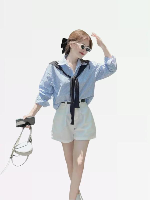 SET 4 MÓN ÁO SƠ MI KATE, QUẦN KAKI MỀM KÈM ÁO KHOÁC MỎNG CÓ DÂY NỊT ĐI KÈM  FREESIZE DƯỚI 58KG Kem Nữ