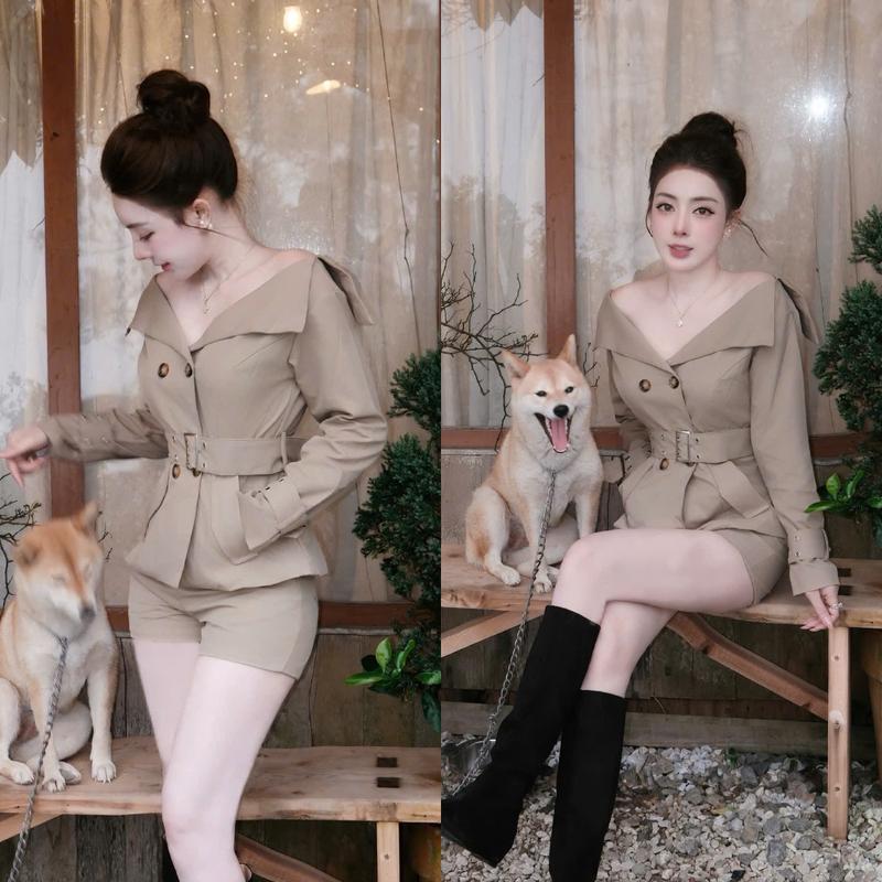 G14 Set kaki áo và quần áo kaki trễ vai phối quần ngắn - Set đồ nữ đẹp