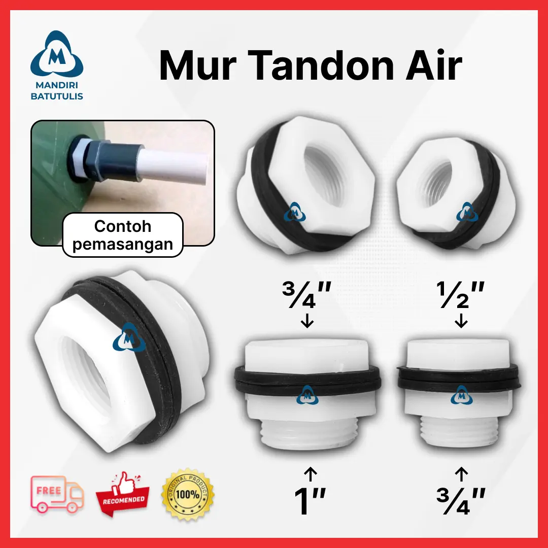 Mur Tandon Air PVC Berkualitas Anti Bocor Rembes Seal Karet Toren (1/2" x 3/4" / 3/4" x 1" / 1" x 1 1/4") Nepel Drat Dalam Luar