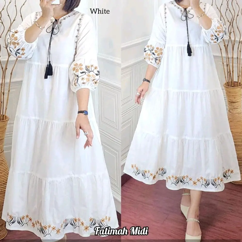 Fatimah midi Yamina midi Nadifa midi Aroxa midi #2 dress by bellwiss bahan cotton import HQ LD 110 cm panjang 125 cm bunga bordir ori nyaman dipakai