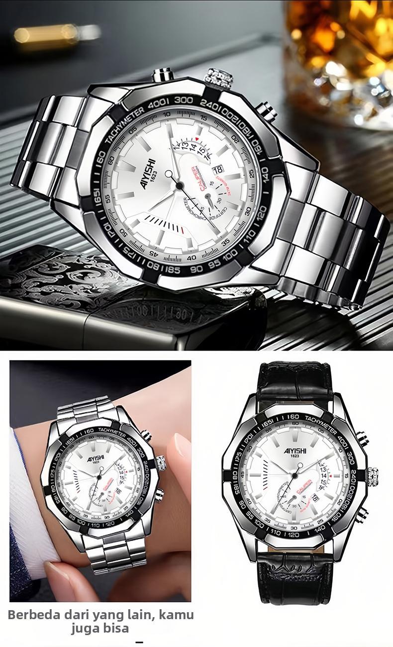 AIYISHI Jam Tangan Pria Mewah & Sporti 1623 Multifungsi Tahan Air 30M Dial Hitam Bodi Stainless Steel Garansi 2 Tahun Kaca Kristal Kuarsa Otomatis