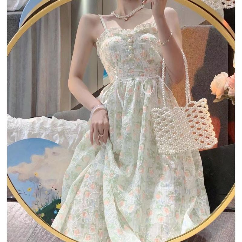 Váy Hai Dây Dài Trung Bình Hoa Mỏng Mùa Hè, Cỡ Lớn Cho Nữ, Bộ Đồ 2 Món, Hàng Mới Về 4