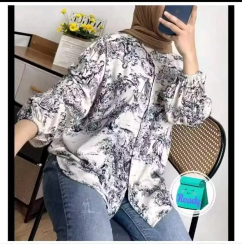 Kemeja Wanita Oversize Shirt Rayon Motif Premium - Kemeja Basic Blouse Lengan Karet 7