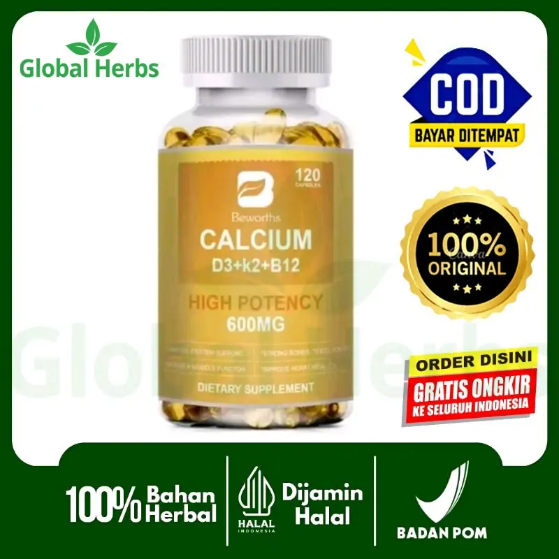 Suplemen Kalsium BEWORTHS 4-in-1 600 dengan Vitamin D3 K2 B12 untuk Tulang dan Jantung