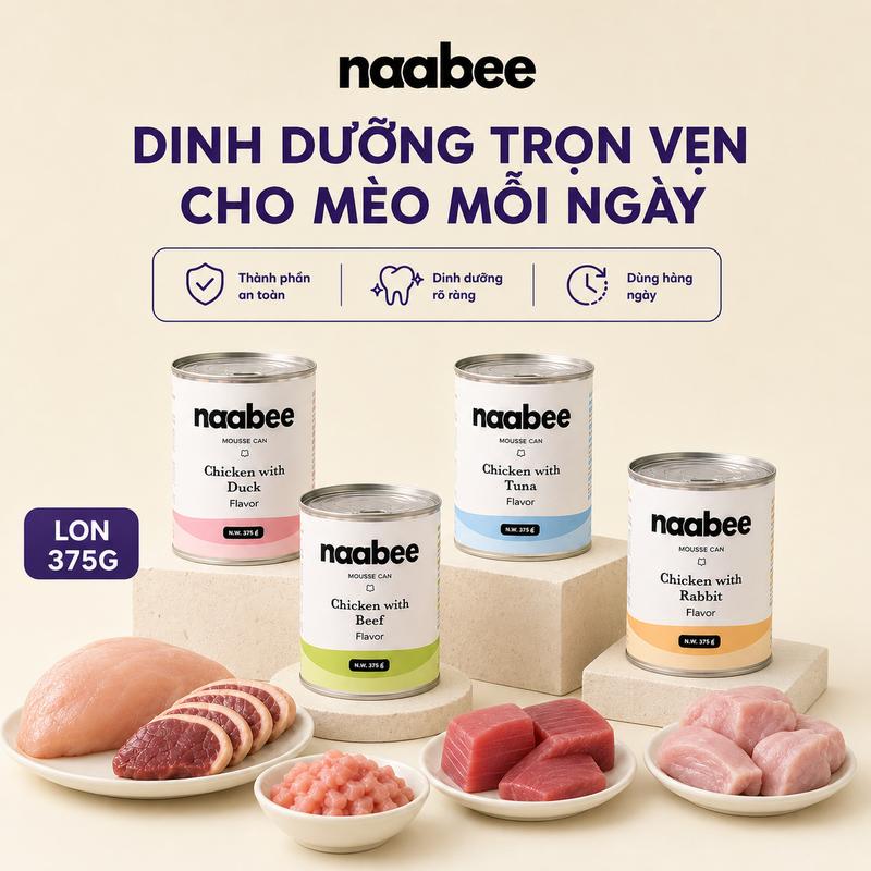 Naabee Pate Mèo Mousse Đa Dạng Hương Vị Gà Với Vịt & Thỏ & Tuna & Bò 375g Dễ Ăn…
