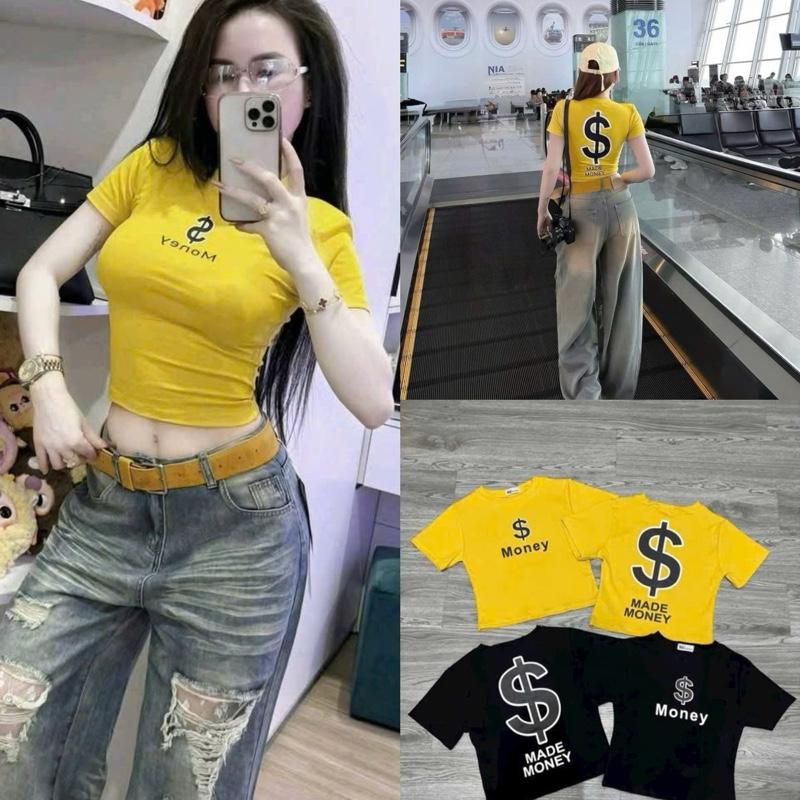 Áo thun croptop in Money ôm body tay ngắn tôn dáng