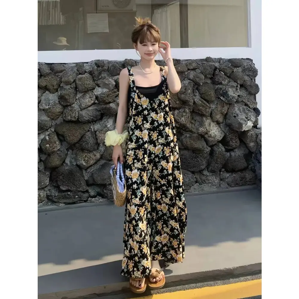 Asaya Jumpsuit wanita panjang model strappy motif bunga