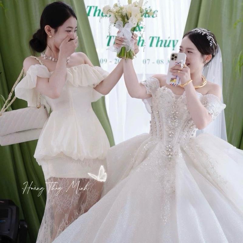 L1- HOẢ TỐC- Chuẩn Form Bồng Xoè Cao Cấp Set 2 Món Áo Bí Nhún Bèo Bẹt Vai Sang Trọng-Kèm Chân Váy Rời Đuôi Cá Dự Tiệc Hottrend Mùa Cưới Tiệc Tùng -HoangThuyMinh97