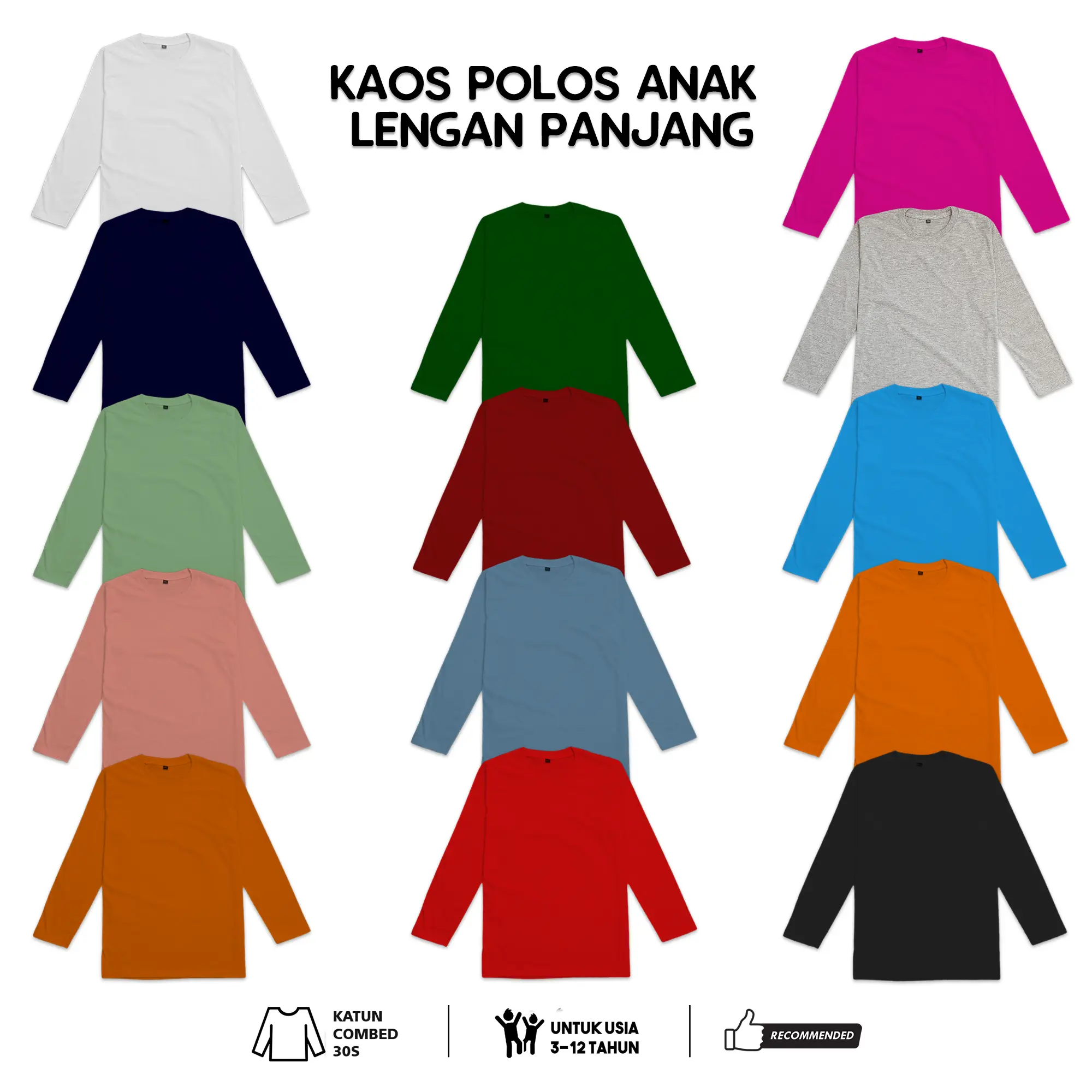 Kaos Anak Lengan Panjang Polos Bahan Cotton Combed 30S - 14 Warna - Usia 4-12 Tahun