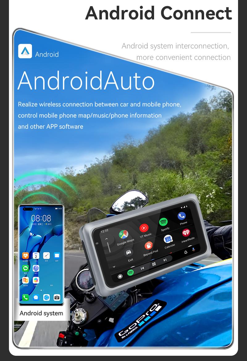 Product Introduction of M6 Motorcycle Portable GPS Navigation Dash Cam Recorder Wireless Apple Carplay Android Auto 6.25 Inch Touch Screen IPX7 Waterproof Tire Pressure System TPMS Metal body 23
