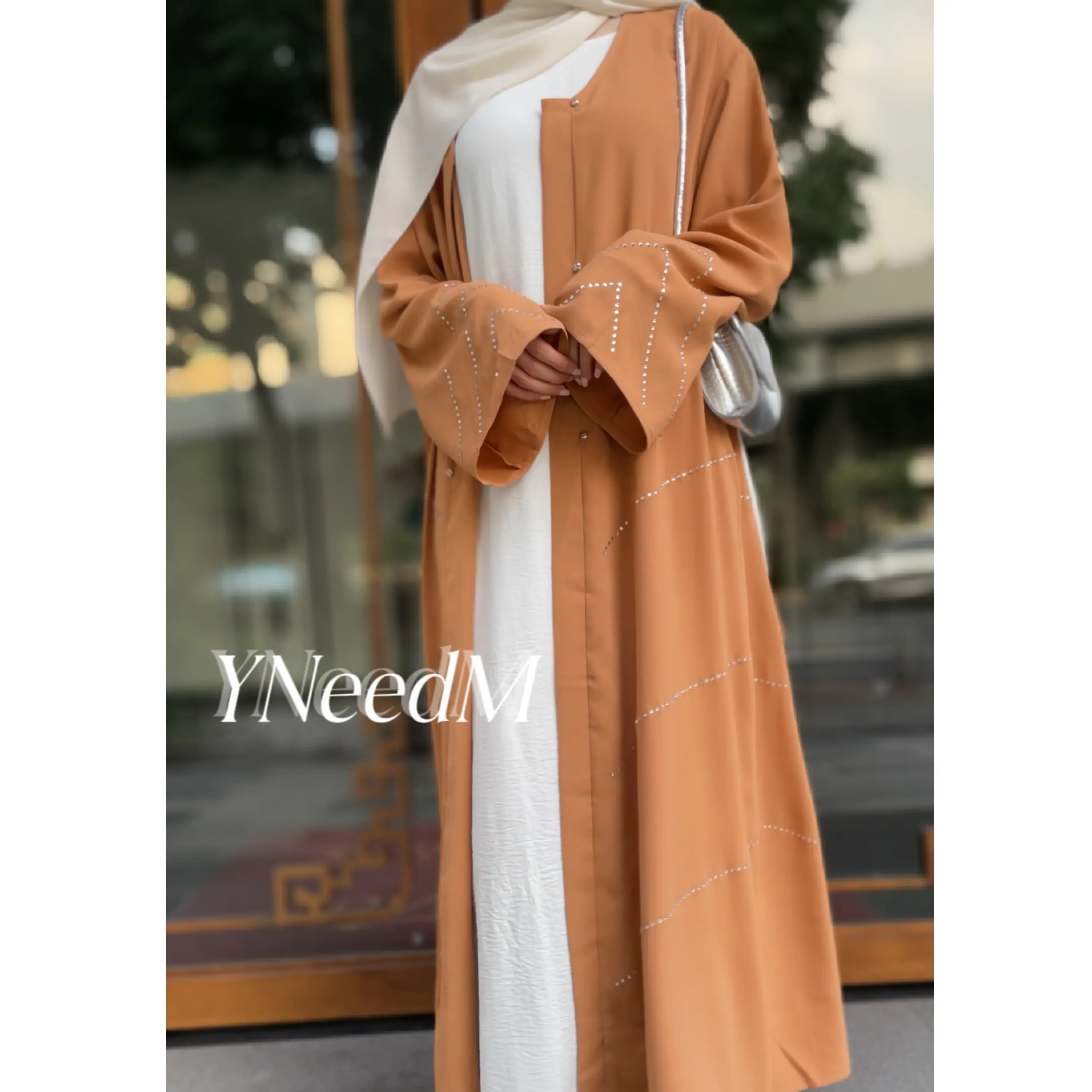 MS302# Muslim women's cardigan with beads modest robe with pockets and button(Nidah)