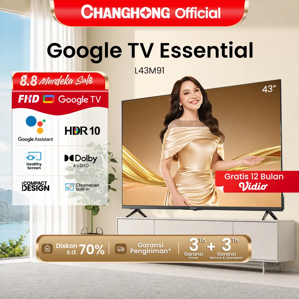 Changhong Google TV 43 inch FHD Dolby Audio Google Play Netflix Youtube Bluetooth USB Google Assistant Smart TV Digital TV  Free Vidio (L43M91)