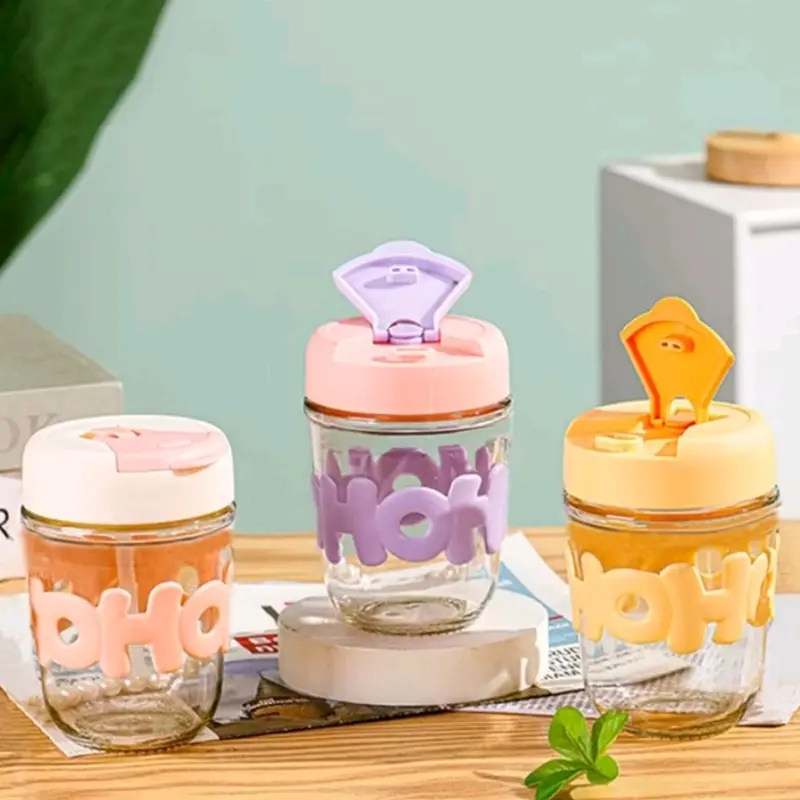 B ( B140 ) BOTOL MINUM KACA HOHO AESTETIC LUCU KAPASITAS 350 ML DENGAN SEDOTAN KACA Bottles Kitchenware Water 1