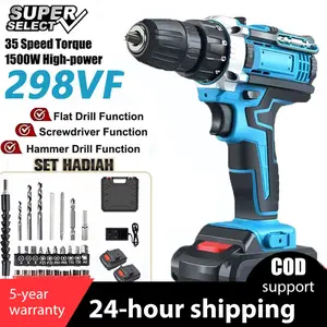298VF Mesin Bor Impact Drill bor listrik Bor baterai Cordless Drill Bor Listrik Set Bor lengkap mesin Rechargeable Torsi Besar besi tembok Beton Kayu Baut Variable Speed LED Light