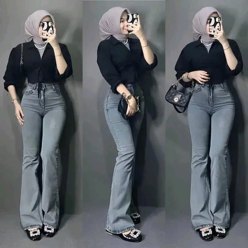 Celana Jeans Cutbray Abu Highwaist Slimfit Stretch Premium Quality Denim Panjang Wanita Melar manis light grey Korean regular kulot