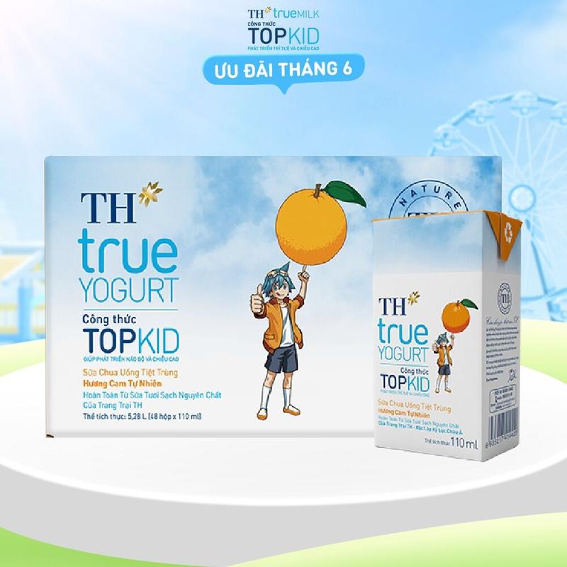 Thùng 48 hộp sữa chua uống tiệt trùng TH true YOGURT TOPKID hương dâu/ cam /dâu-chuối-lúa mạch tự nhiên 110 ml (110 ml x 48)