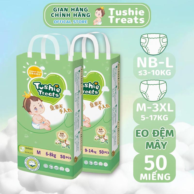 Tushie Treats- Bỉm quần/tã dán trẻ em cao cấp công nghệ Nhật Bản, bịch 50 miếng, thấm hút 1000ml, giữ mông bé luôn khô thoáng M-L-XL-2XL-3XL Cho Bé