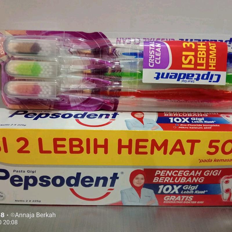 Pepsodent 225 gram isi 2 pcs dan Sikat gigi Ciptadent isi 3 pcs Bersihkan 4