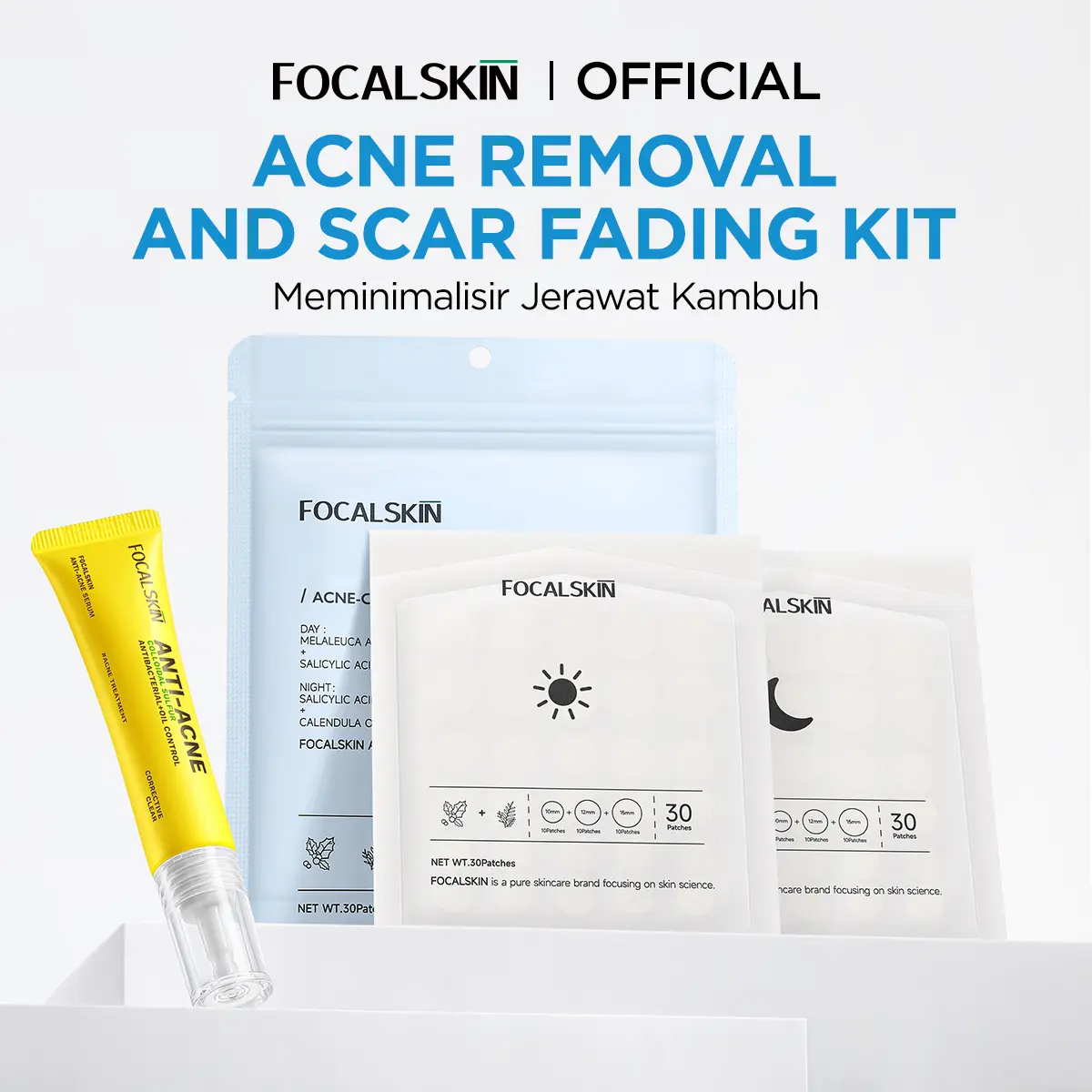FOCALSKIN ACNE REMOVAL AND SCAR FADING KIT Anti-Acne Serum Peel Off Acne Invisible Acne Patch 15g + Acne Cure Patch Pimple Patch Acne Spot Sticker Jerawat 60pcs