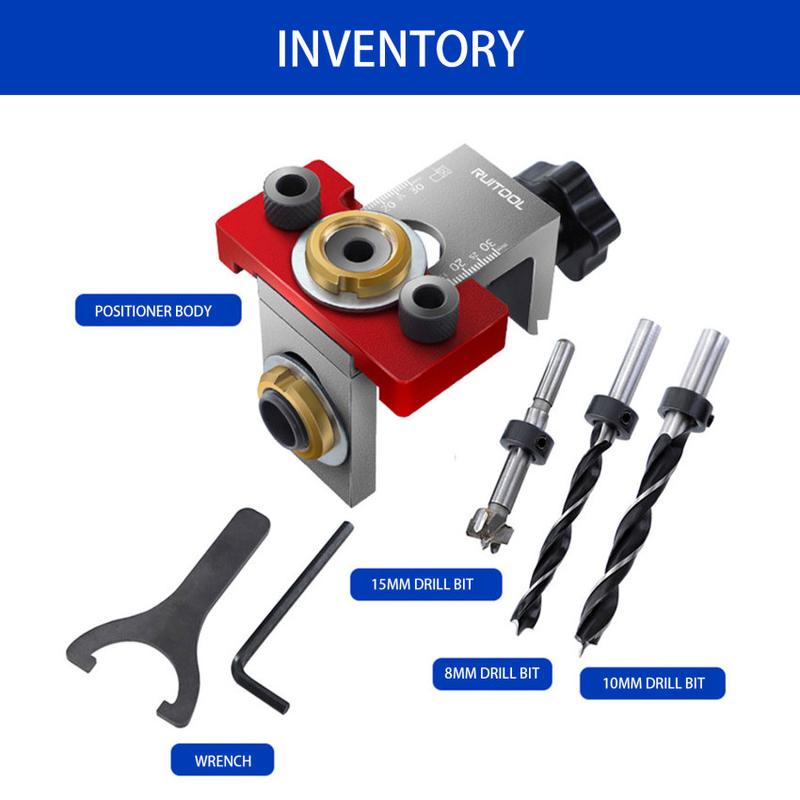 Product Introduction of 3 in 1 Doweling Jig Woodworking Pocket Drilling Locator Jig with 8/10/15mm Drill Bit Furniture Connecting Woodworking Tools 3
