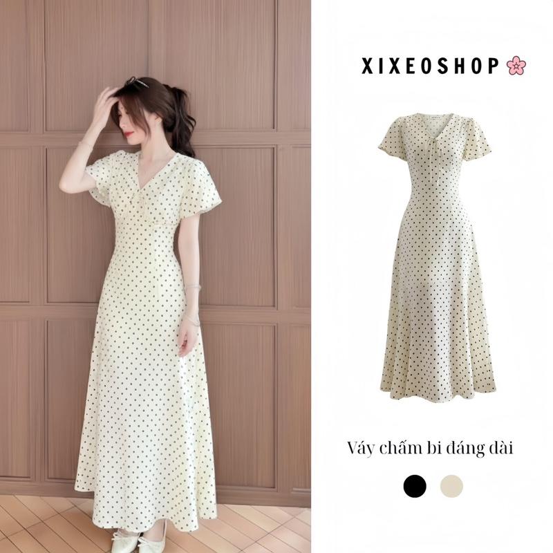  Váy chấm bi XIXEOSHOP cổ V dáng dài và dáng ngắn tay phồng hàn quốc xixeoshop - V55 