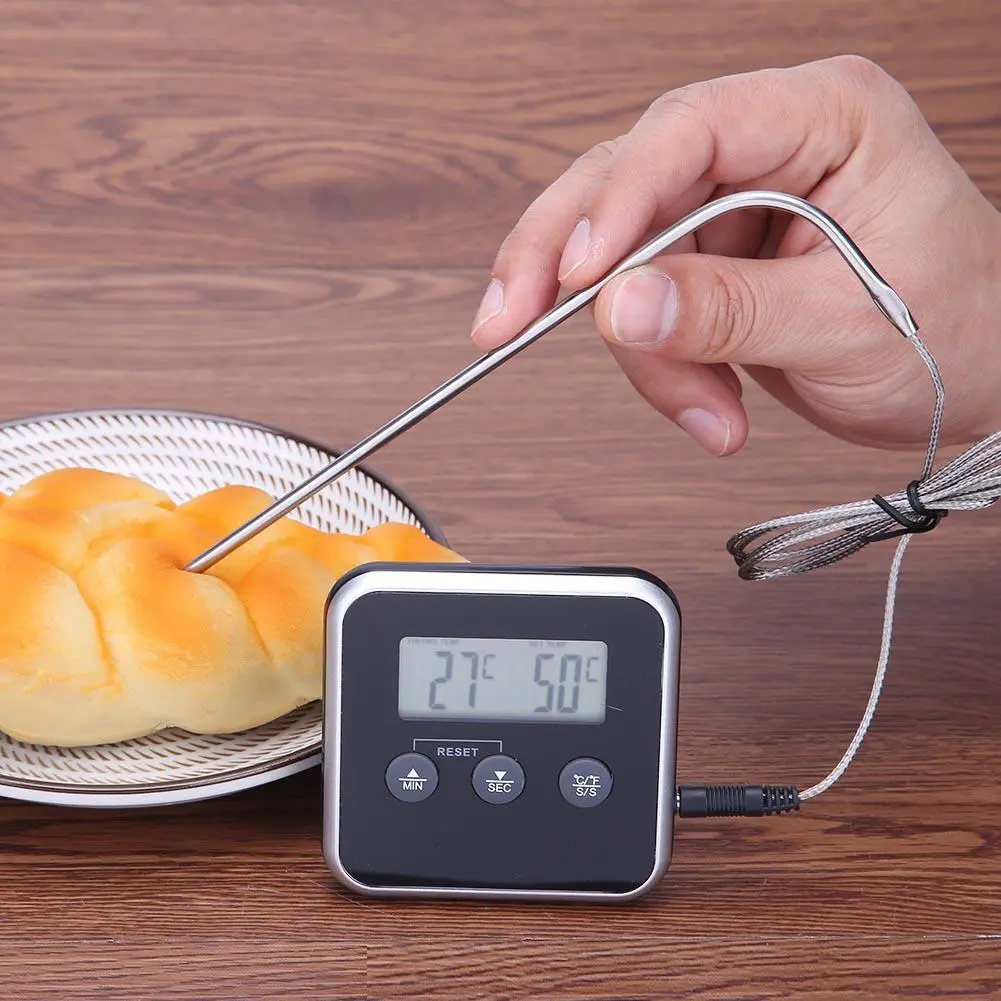 เครื่องวัดอุณหภูมิ LCD ดิจิตอลอิเล็กทรอนิกส์สำหรับอาหาร โพรบบาร์บีคิว เนื้อสัตว์ น้ำ น้ำมัน สัญญาณเตือนอุณหภูมิ ตัวจับเวลาทำอาหาร เครื่องทดสอบการทำอาหารในครัว