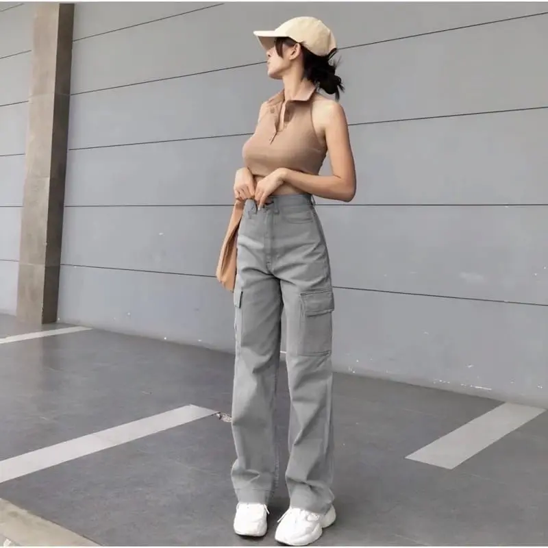 Celana Jeans Wanita - Highwaist Cargo Jeans Wanita - Celana Jeans Kargo Kantong Samping Premium